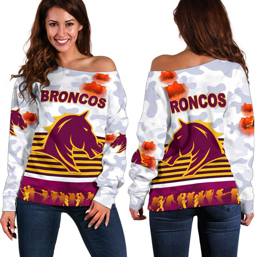 Brisbane Broncos Women's Off Shoulder Sweater Anzac Day Simple Style - White - Vibe Hoodie