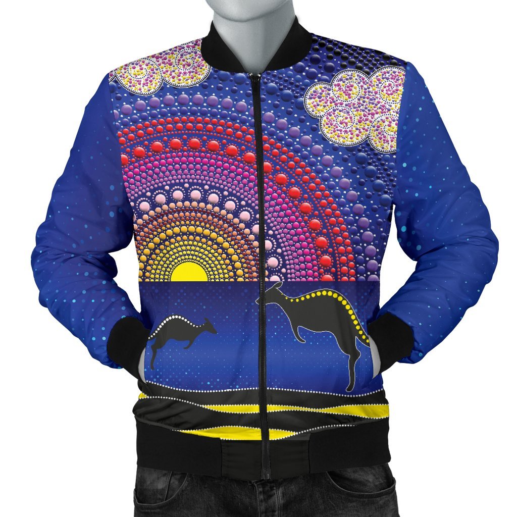 aboriginal-mens-bomber-jacket-sunset-over-the-sea-and-kangaroo-dot-painting