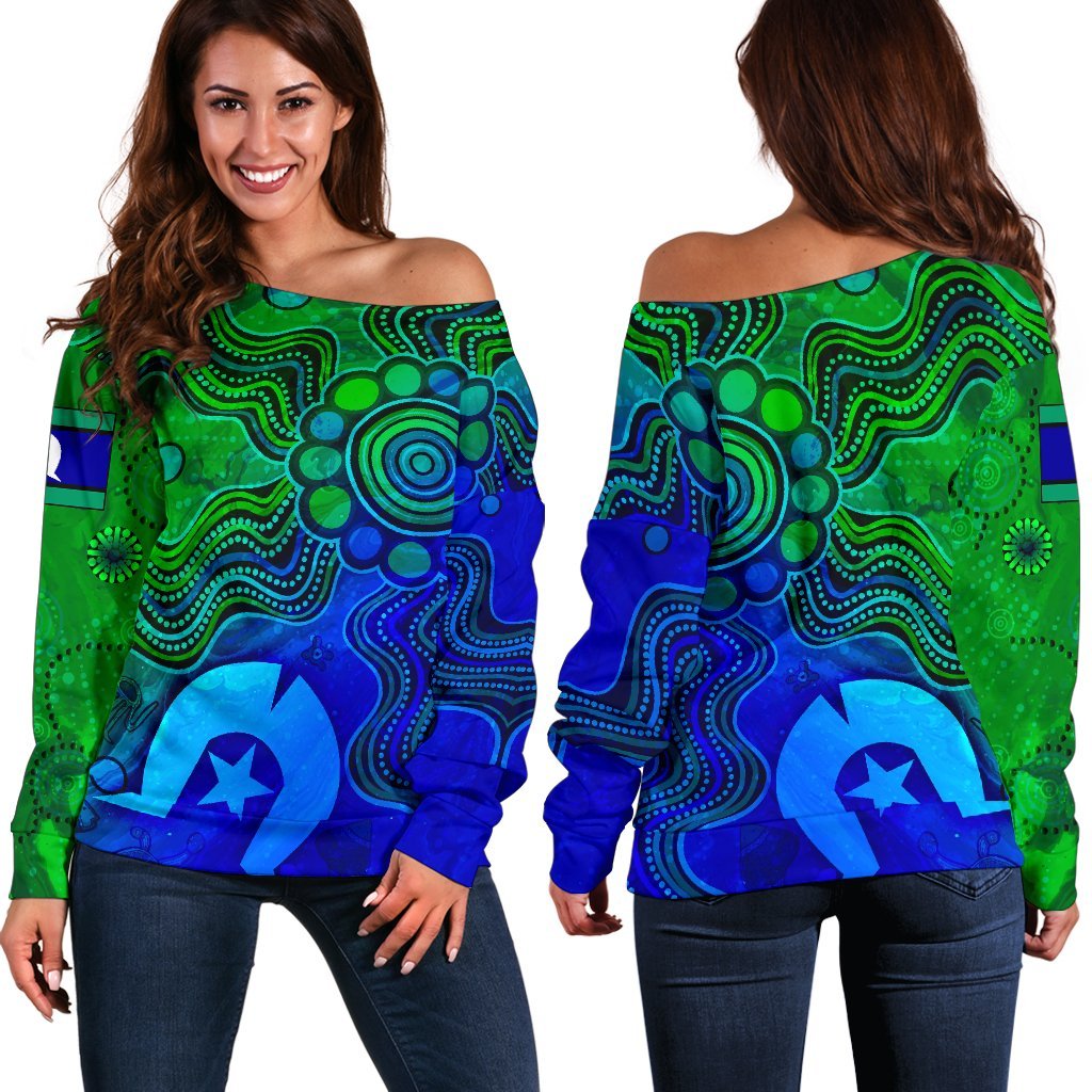 Aboriginal Women's Off Shoulder Sweater , Torres Strait Islands Flag - Vibe Hoodie
