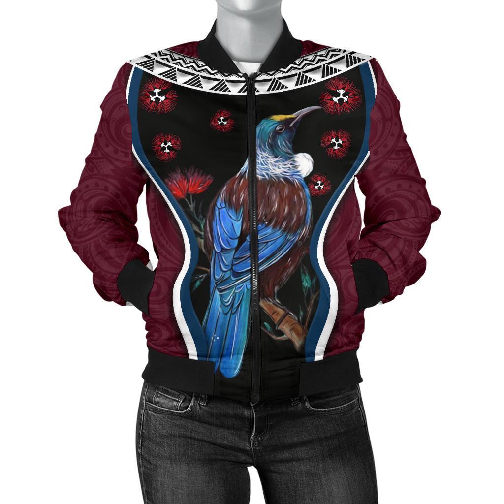 new-zealand-tui-bird-women-bomber-jacket-pohutukawa-burgundy