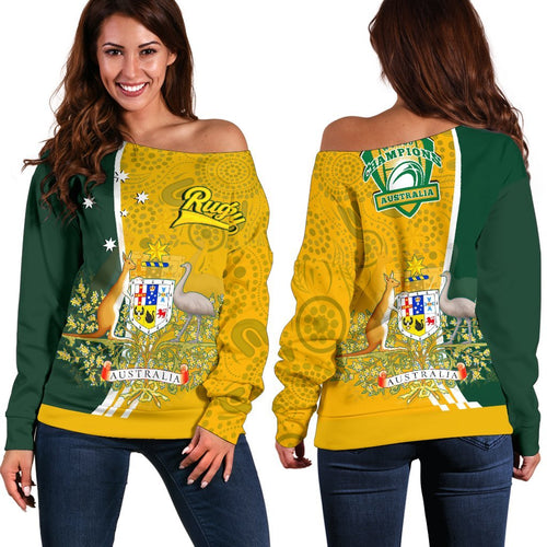 Off Shoulder Sweater - Australia Coat Of Arm In Rugby Style - Vibe Hoodie