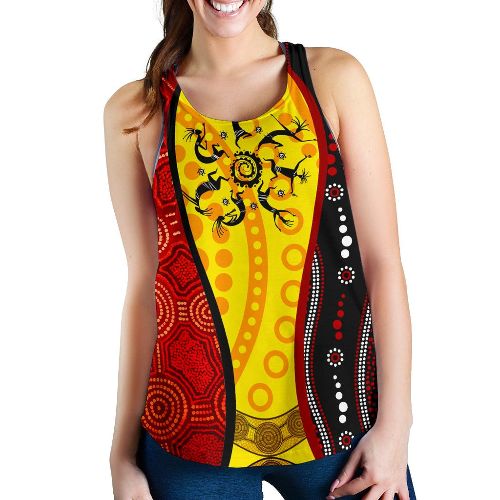 Aboriginal Racerback Tank - Dreamtime Koori Dance & Dot Acrylic Paint - Vibe Hoodie