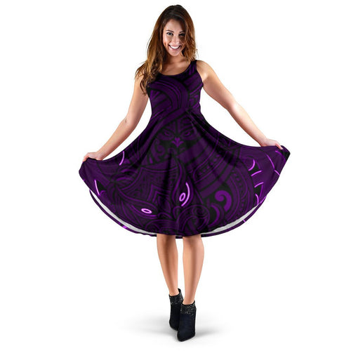 New Zealand Maori Gods Women Midi Dress Tumatauenga (God of War) - Purple - Vibe Hoodie