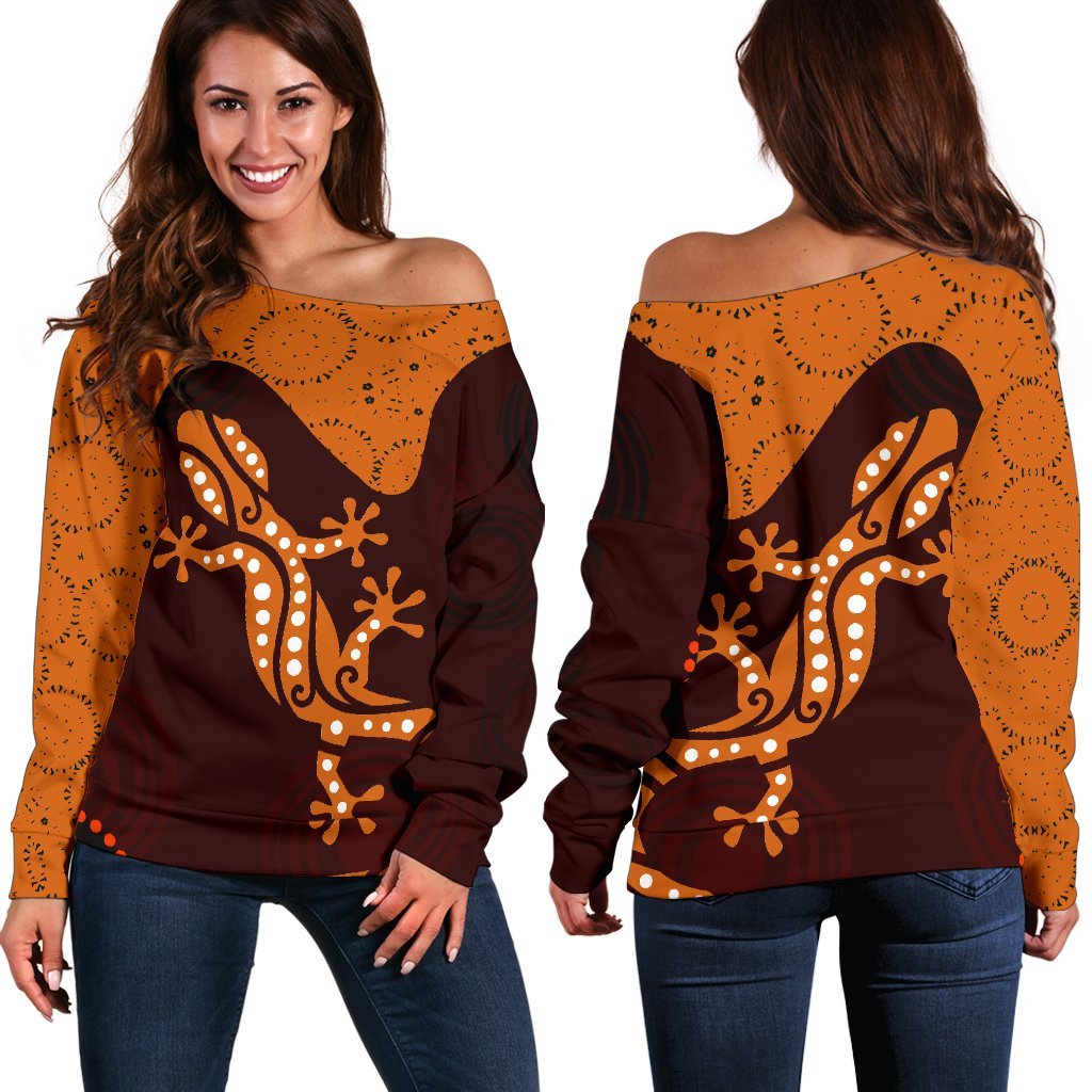Aboriginal Women's Off Shoulder Sweater - Lizard in Aboriginal Dreaming - Vibe Hoodie