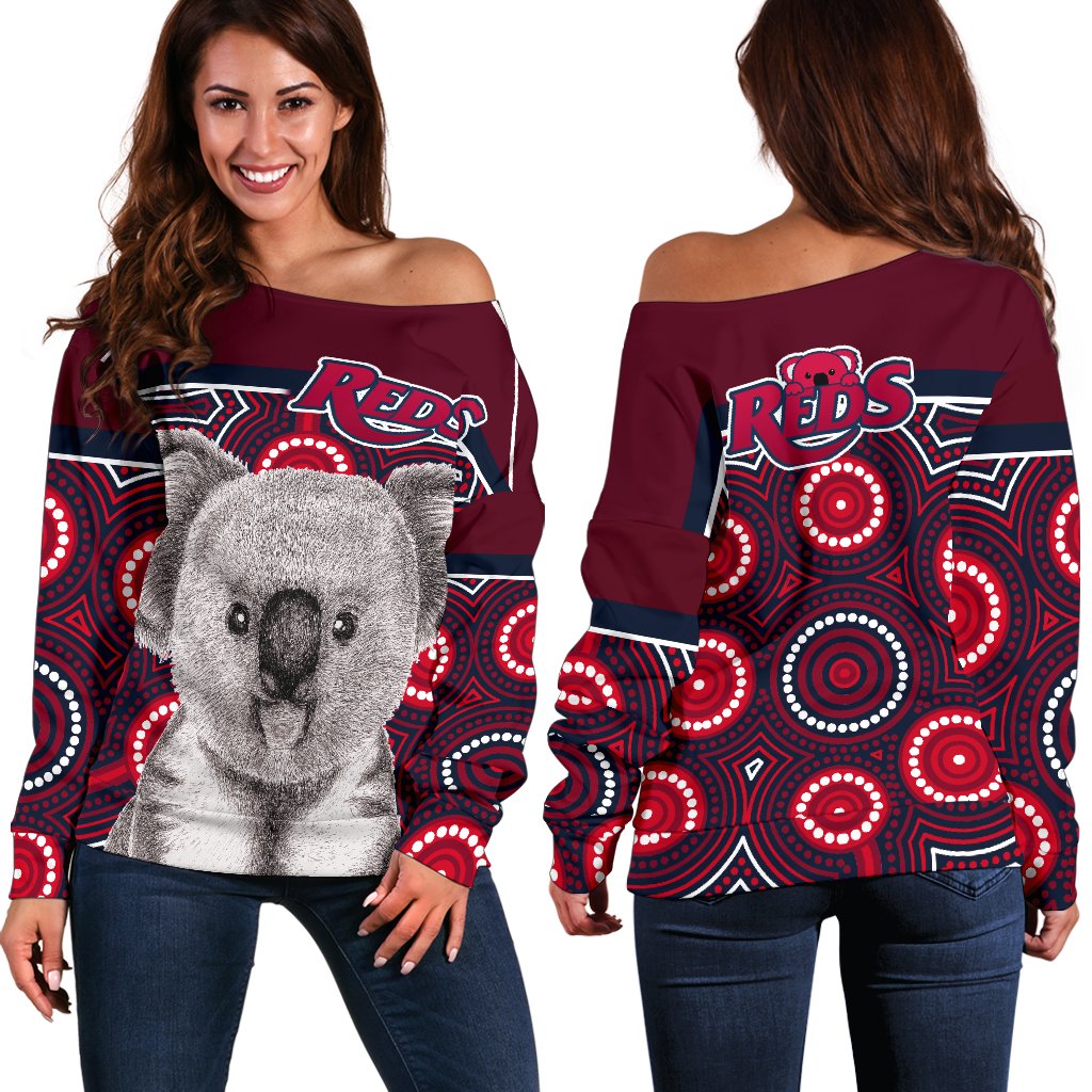 Reds Rugby Australian Off Shoulder Sweater Simple Indigenous Queensland - Vibe Hoodie