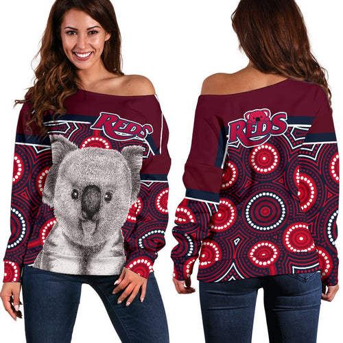 Reds Rugby Australian Off Shoulder Sweater Simple Indigenous Queensland - Vibe Hoodie