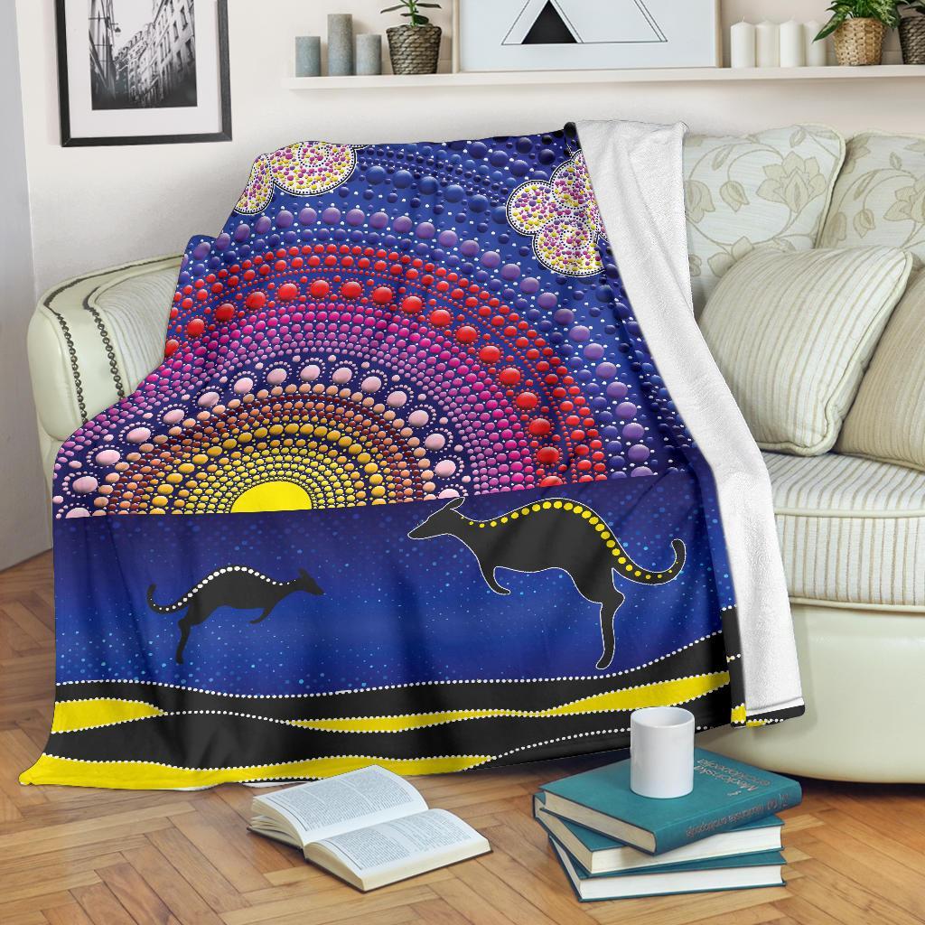 aboriginal-premium-blanket-sunset-over-the-sea-and-kangaroo-dot-painting