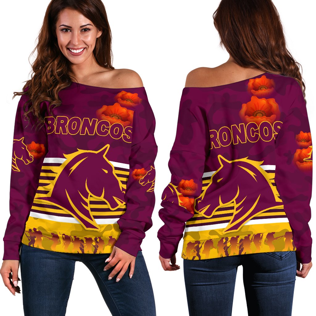 Brisbane Broncos Women's Off Shoulder Sweater Anzac Day Simple Style - Maroon - Vibe Hoodie