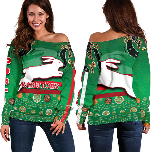 Rabbitohs Off Shoulder Sweater Indigenous Green - Vibe Hoodie