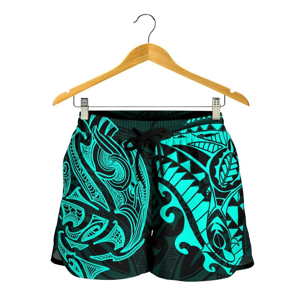 New Zealand All Over Print Women's Shorts, Maori Polynesian Tattoo Turquoise - Vibe Hoodie