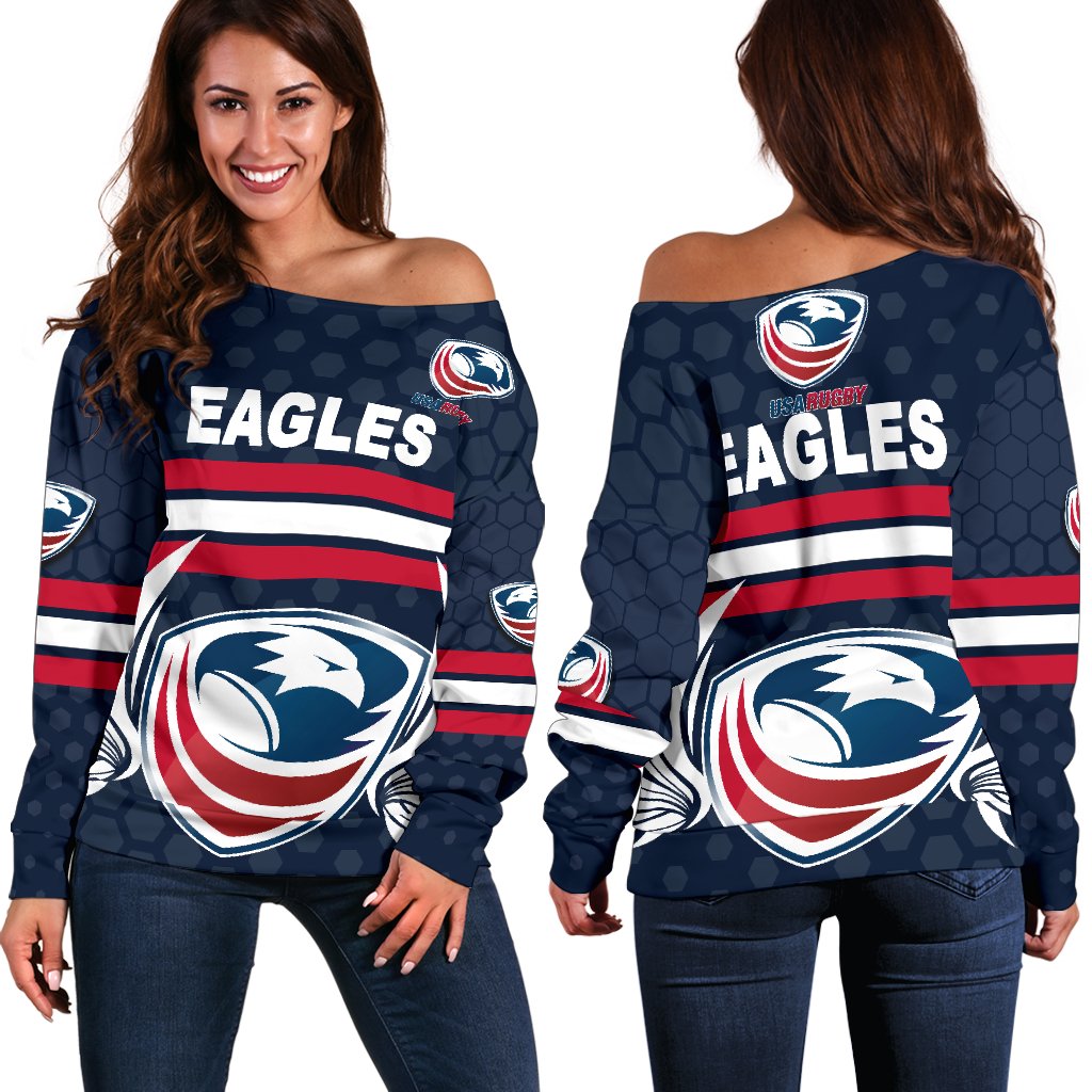 USA Rugby Women's Off Shoulder Sweater Eagles Simple Style - Full Navy - Vibe Hoodie