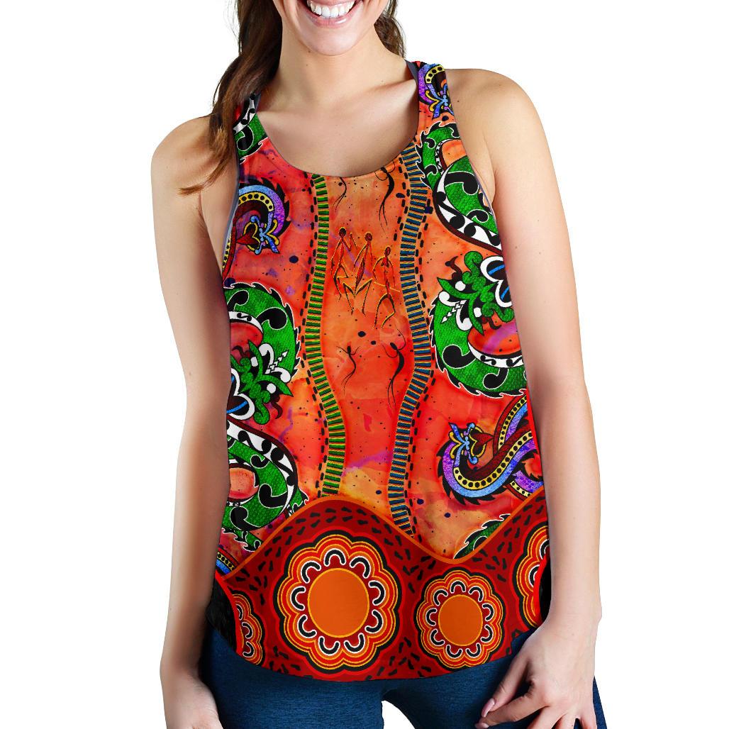 Aboriginal Women's Racerback Tank - Aussie Indigenous Patterns Orange - Vibe Hoodie