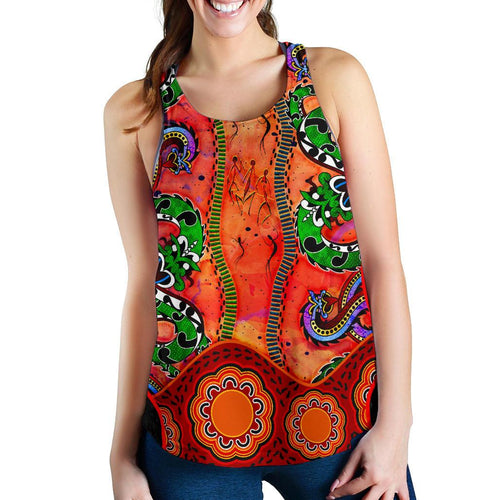Aboriginal Women's Racerback Tank - Aussie Indigenous Patterns Orange - Vibe Hoodie