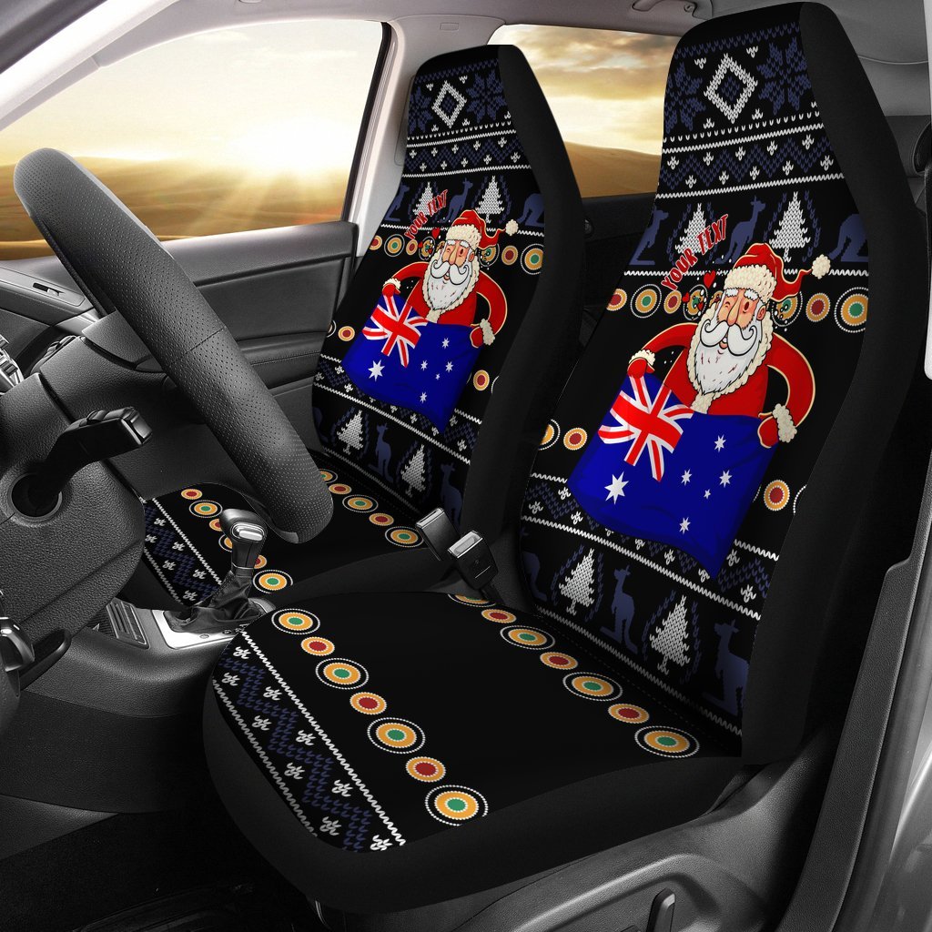 christmas-personalised-car-seat-covers-australia-santa-claus-hold-the-flag-black