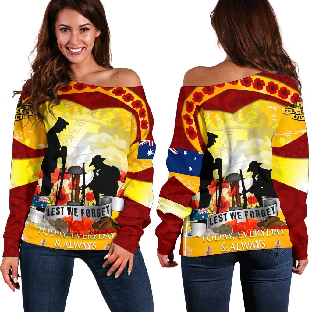 Anzac Women's Off Shoulder Sweater - Lest We Forget Aboriginal Version - Vibe Hoodie