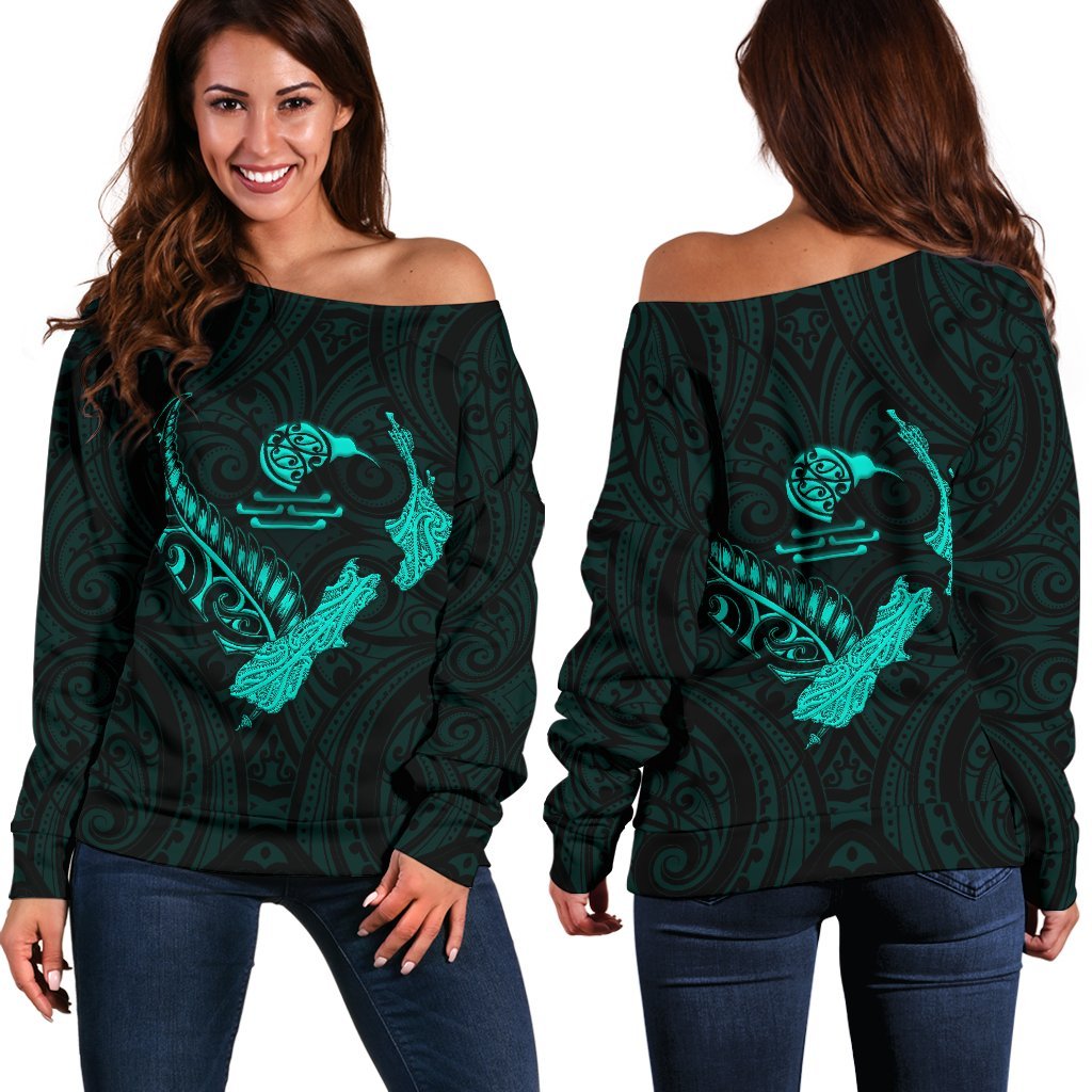 New Zealand Heart Women's Off Shoulder Sweater - Map Kiwi mix Silver Fern Turquoise - Vibe Hoodie