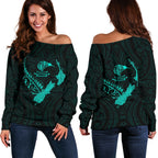 New Zealand Heart Women's Off Shoulder Sweater - Map Kiwi mix Silver Fern Turquoise - Vibe Hoodie