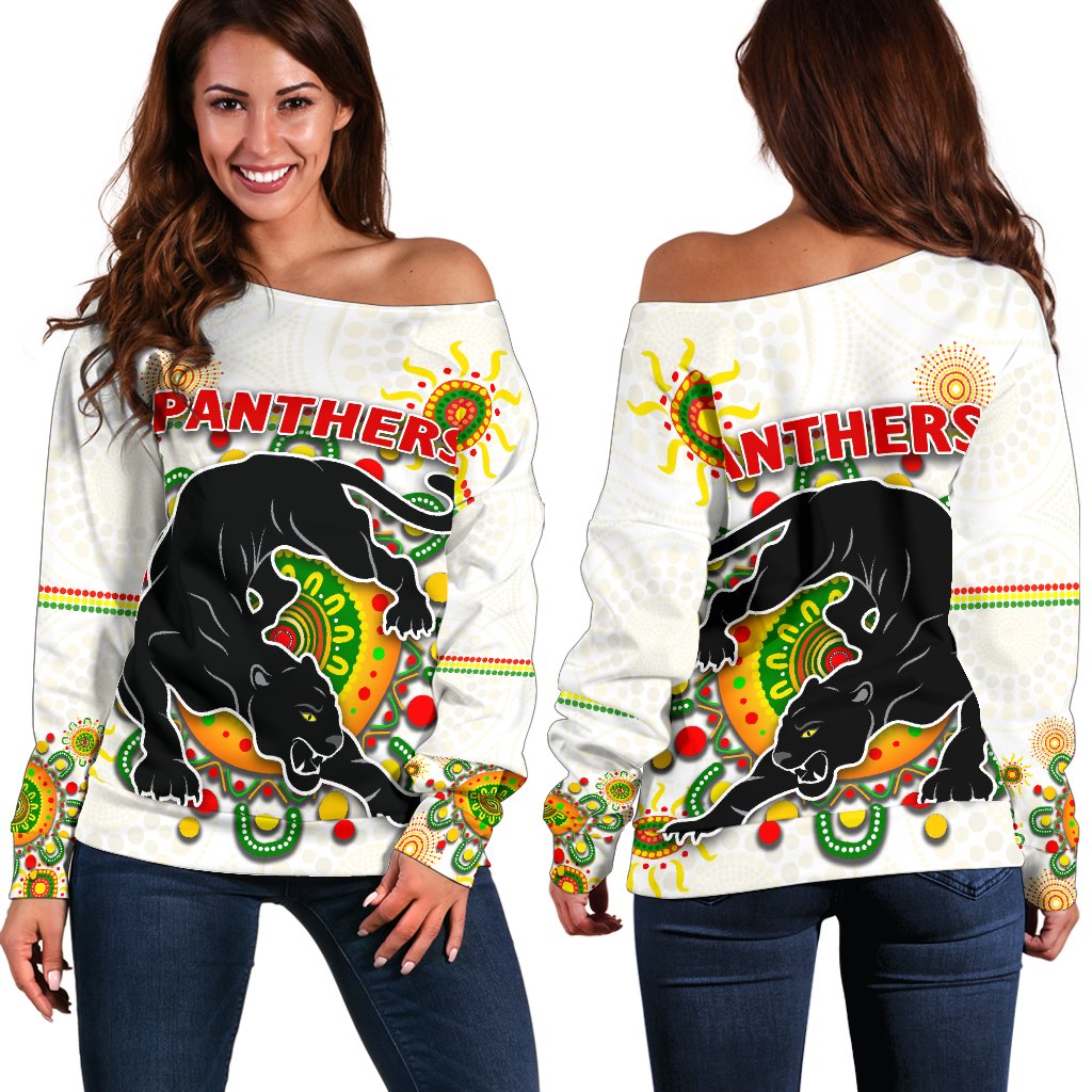 Penrith Women Off Shoulder Sweater Indigenous Panthers - White - Vibe Hoodie