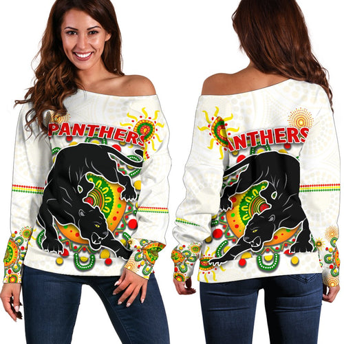 Penrith Women Off Shoulder Sweater Indigenous Panthers - White - Vibe Hoodie