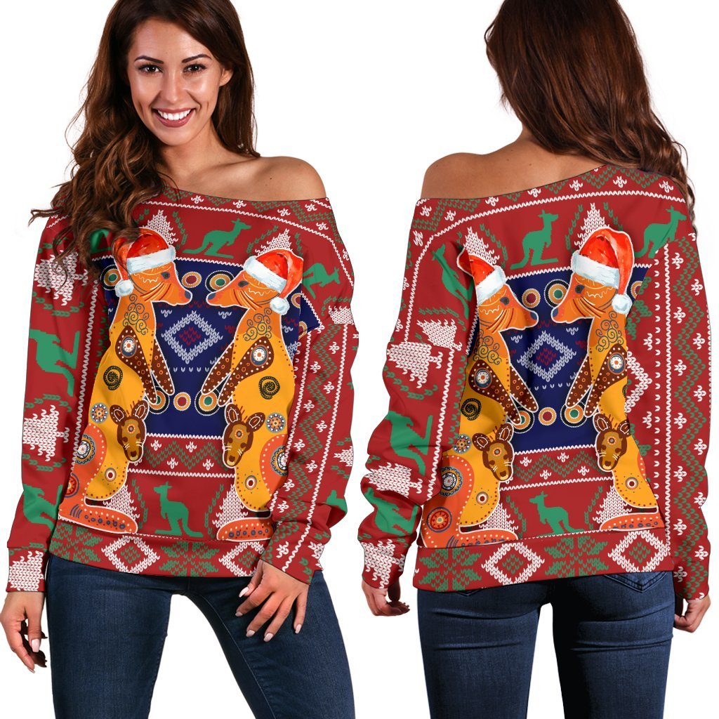 Christmas Women's Off Shoulder Sweater - Mother Kangaroo In Christmas- - Vibe Hoodie