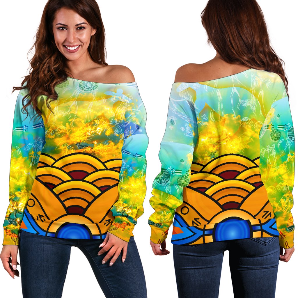 Aboriginal Women's Off Shoulder Sweater, Australia Kangaroo Sky - Vibe Hoodie