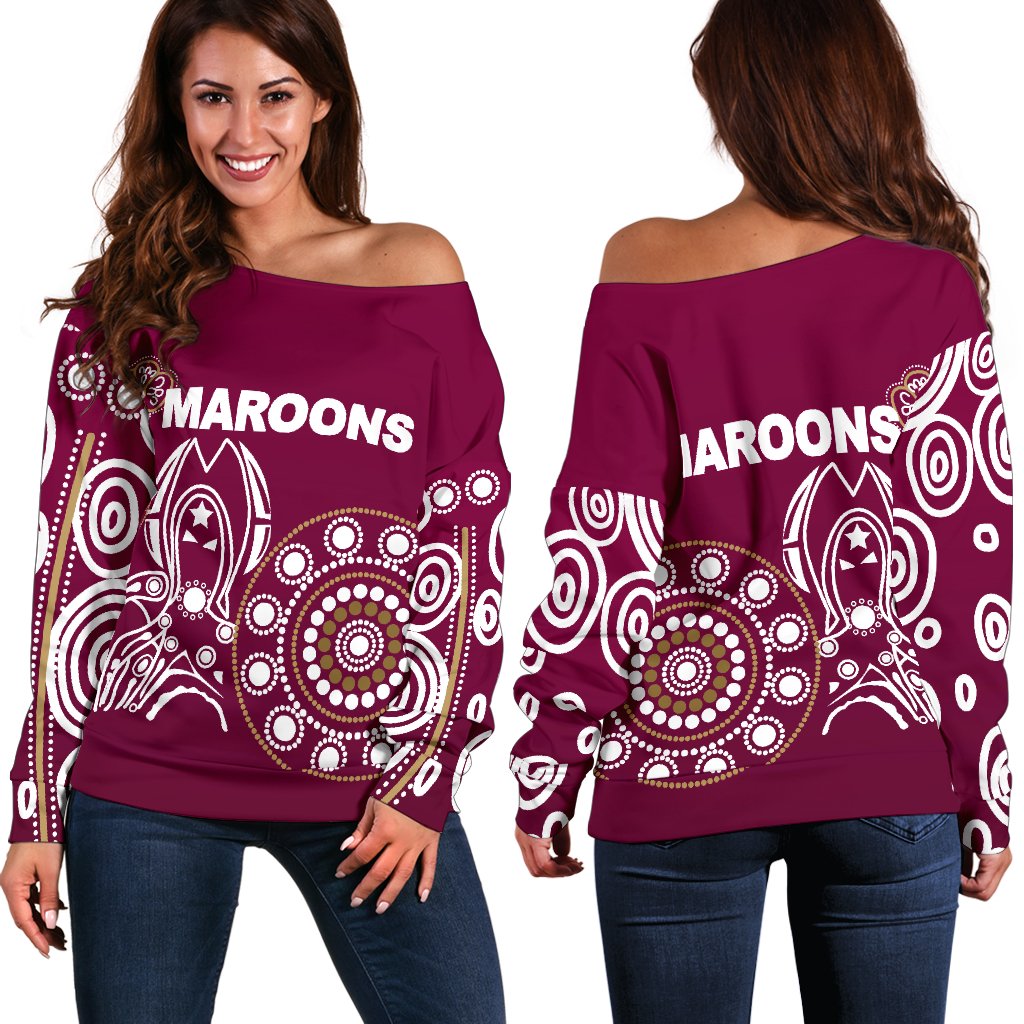 Queensland Women's Off Shoulder Sweater Maroons Simple Indigenous - Vibe Hoodie