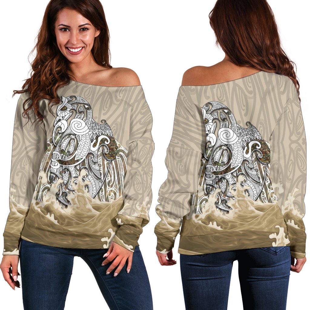 Maori Manaia The Blue Sea Women's Off Shoulder Sweater, Golden - Vibe Hoodie