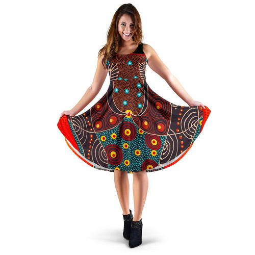 Midi Dress - Aboriginal Sublimation Dot Pattern Style (Red) - Vibe Hoodie
