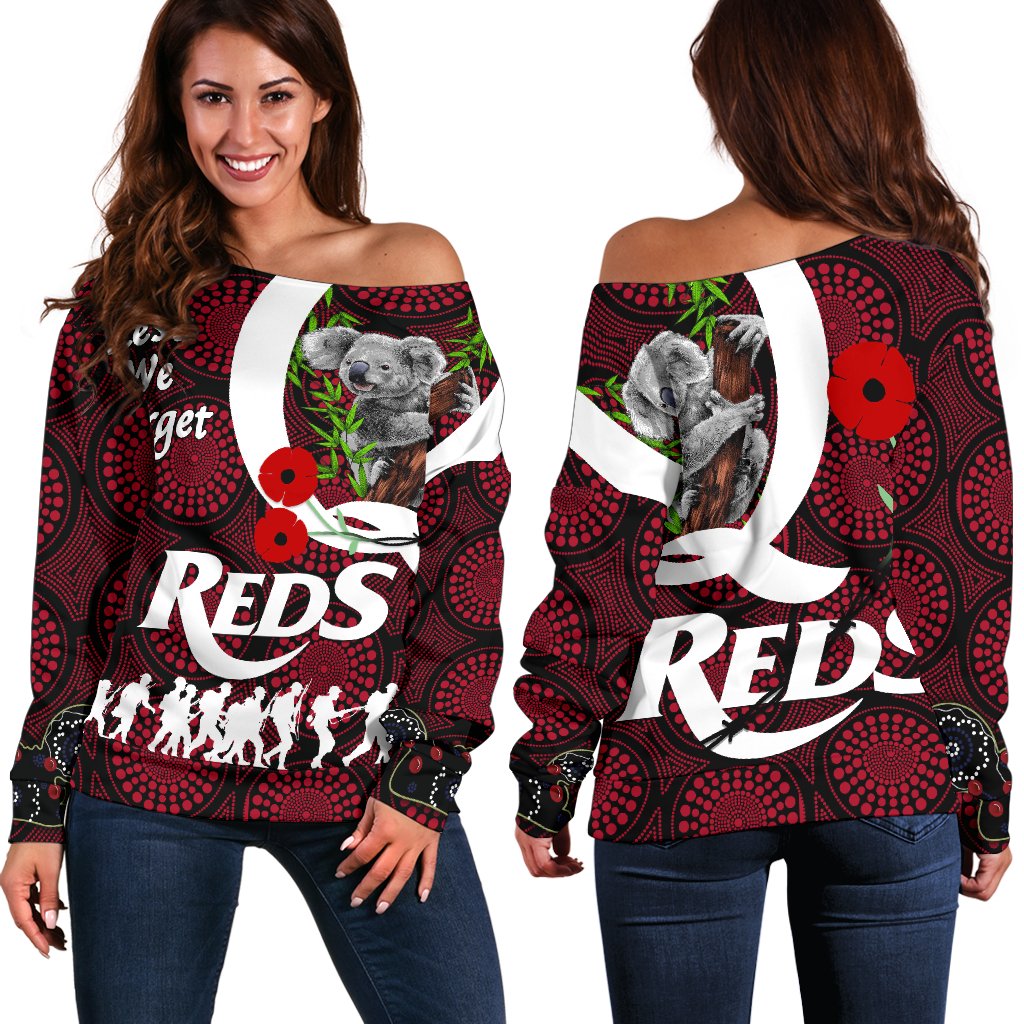 Australia Women's Off Shoulder Sweater Queensland Reds Lest We Forget - Koala - Vibe Hoodie