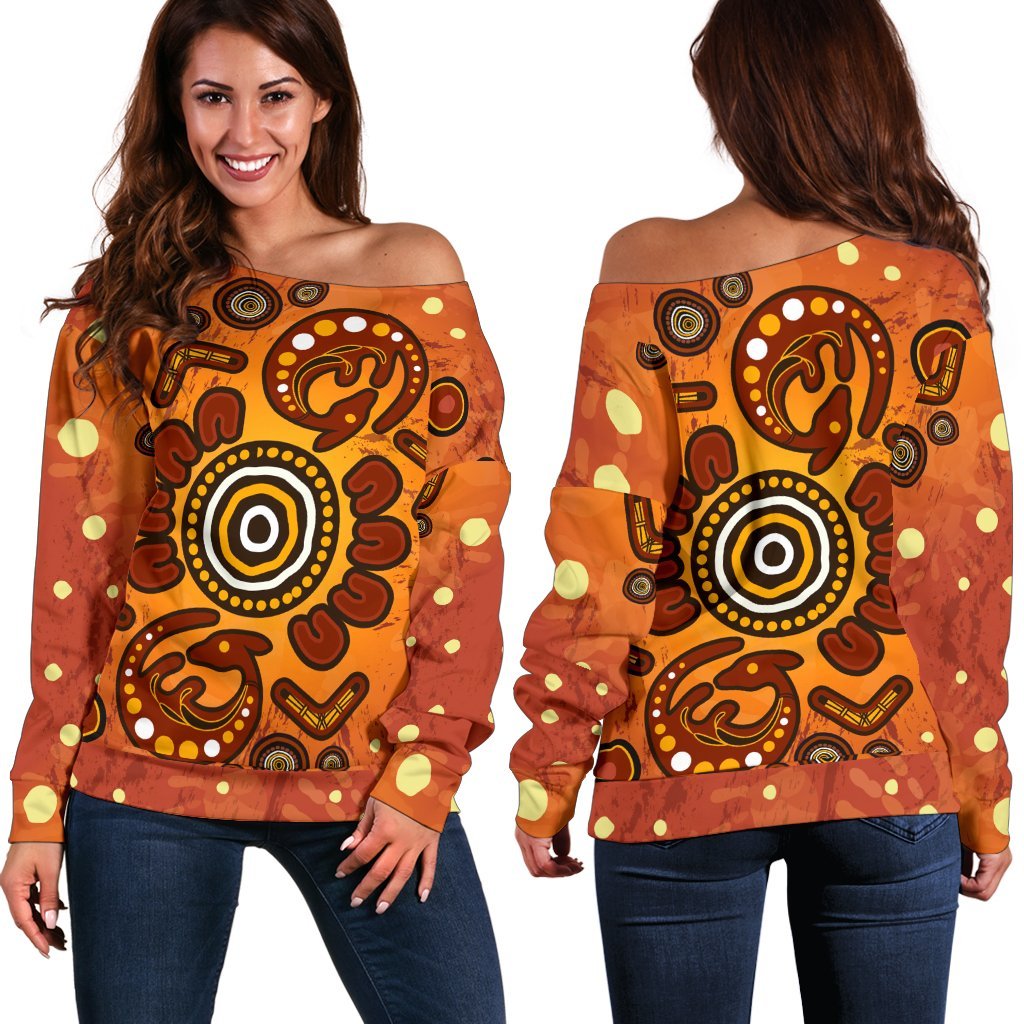 Aboriginal Women's Off Shoulder  - Baby Kangaroo And Dot Painting Patterns - Vibe Hoodie