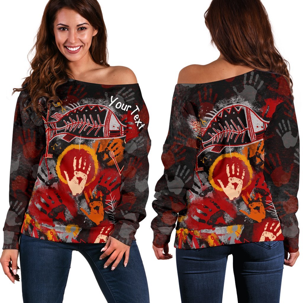 [Custom] Aboriginal Women's Off Shoulder Sweater - Indigenous Fish Hand Art - Vibe Hoodie