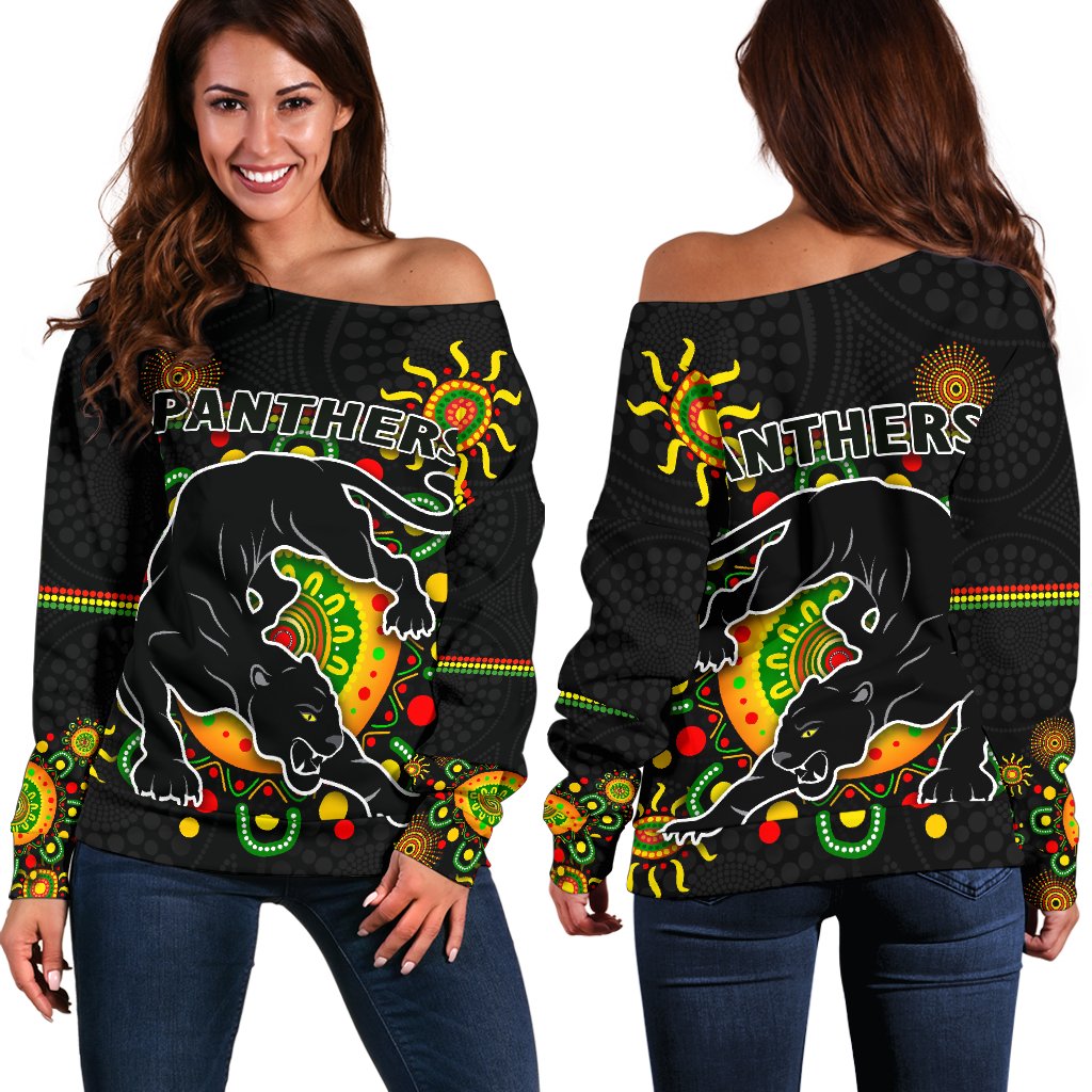 Penrith Women Off Shoulder Sweater Indigenous Panthers - Black - Vibe Hoodie