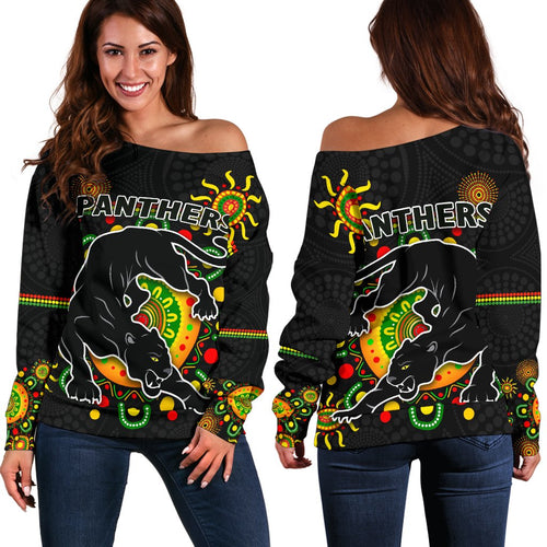 Penrith Women Off Shoulder Sweater Indigenous Panthers - Black - Vibe Hoodie
