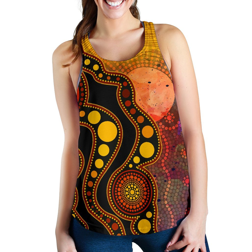 Aboriginal Women's Racerback Tank - Australia Indigenous Flag Circle Dot Painting Art (Golden) - Vibe Hoodie