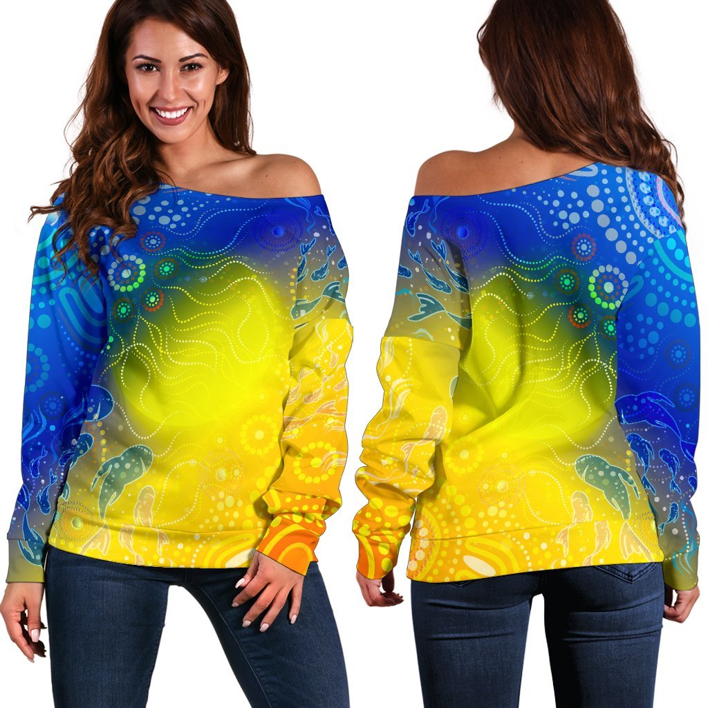 Aboriginal Women's Off Shoulder Sweater - Indigenous Fishing - Vibe Hoodie