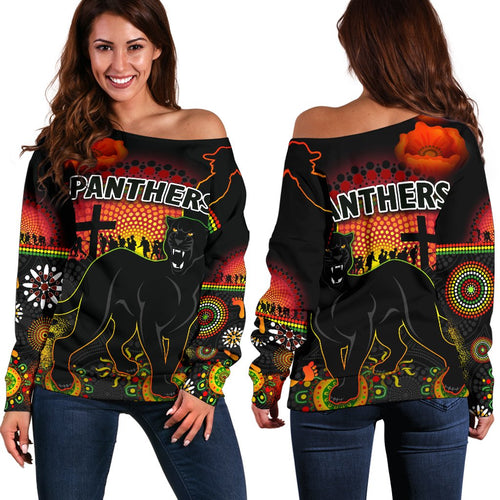 Penrith Women Off Shoulder Sweater Indigenous Panthers Anzac Day Lest We Forget - Vibe Hoodie
