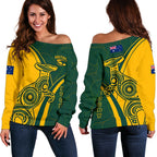Rugby Off Shoulder Sweaters - Australian Rugby Kangaroo & Aboriginal Patterns - Vibe Hoodie