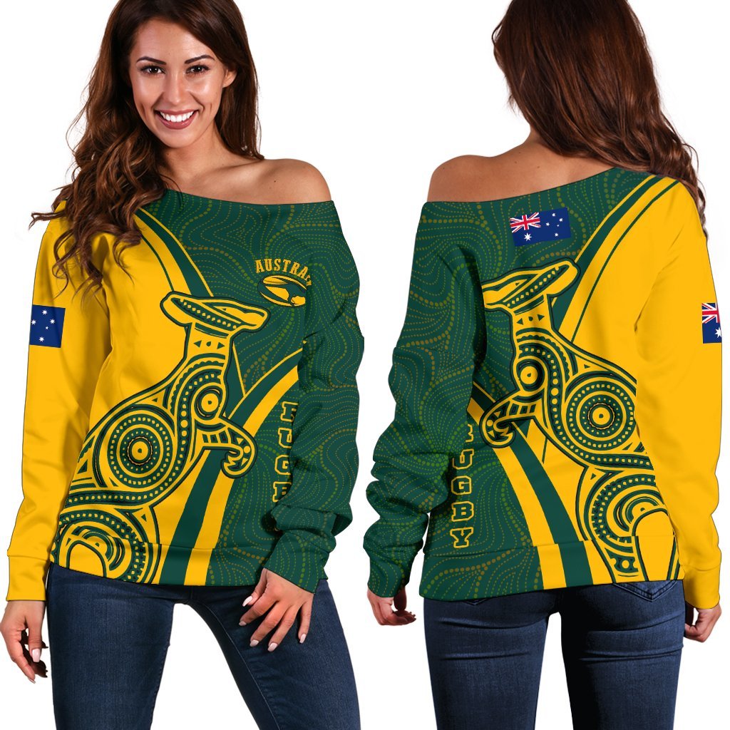 Rugby Off Shoulder Sweaters - Australian Rugby Kangaroo & Aboriginal Patterns - Vibe Hoodie