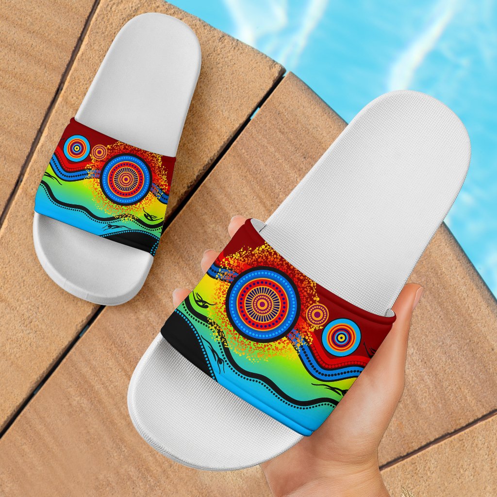 slide-sandals-flowers-circle-dot-painting-blue-dream-white