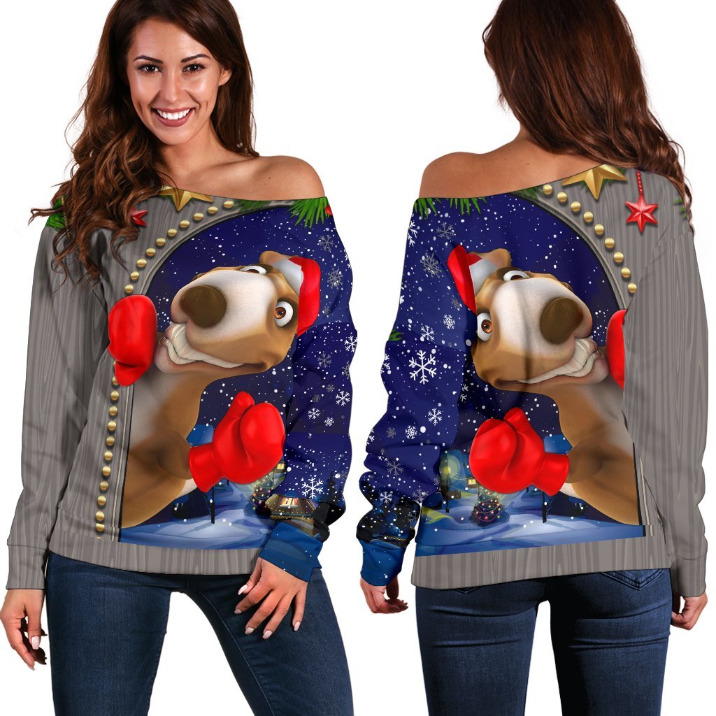 Christmas  Women's Off Shoulder Sweater - Funny Kangaroo Christmas- - Vibe Hoodie
