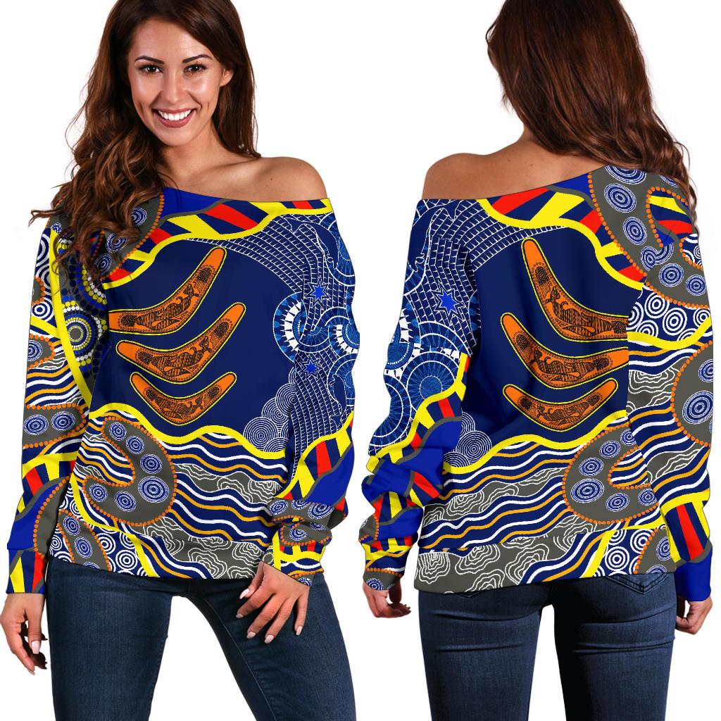 Aboriginal Off Shoulder Sweater, Australian Boomerang Dot Painting Art - Vibe Hoodie