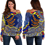 Aboriginal Off Shoulder Sweater, Australian Boomerang Dot Painting Art - Vibe Hoodie