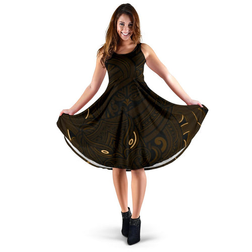 New Zealand Maori Gods Women Midi Dress Tumatauenga (God of War) - Gold - Vibe Hoodie