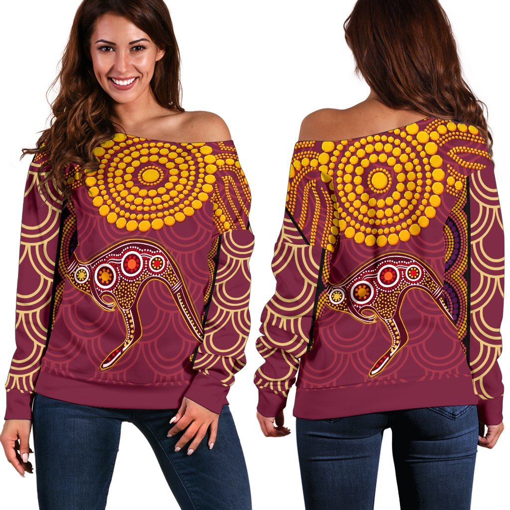 Aboriginal Women's Off Shoulder Sweater - Aboriginal Kangaroo - Vibe Hoodie