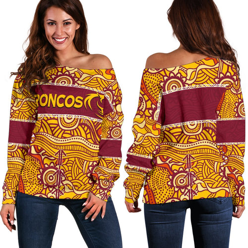 Brisbane Broncos Women's Off Shoulder Sweater Aboriginal Patterns - Vibe Hoodie