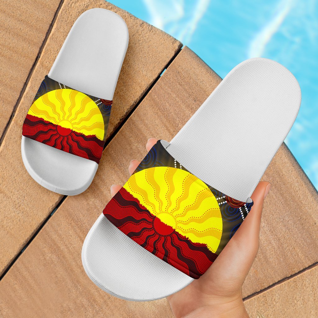 aboriginal-slide-sandals-australia-indigenous-flag-sun-dot-painting-ver-01