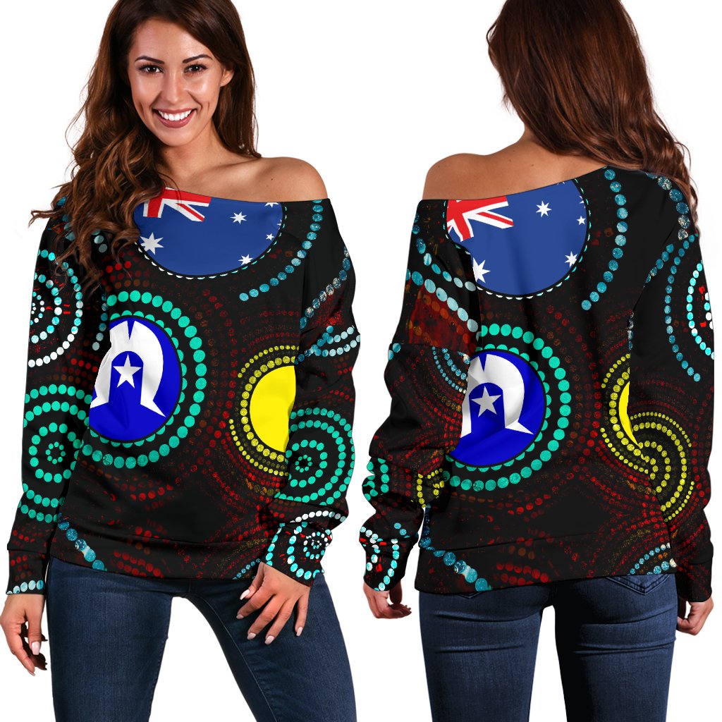 Off Shoulder Sweater - Aboriginal Dot Painting & Flag - Vibe Hoodie