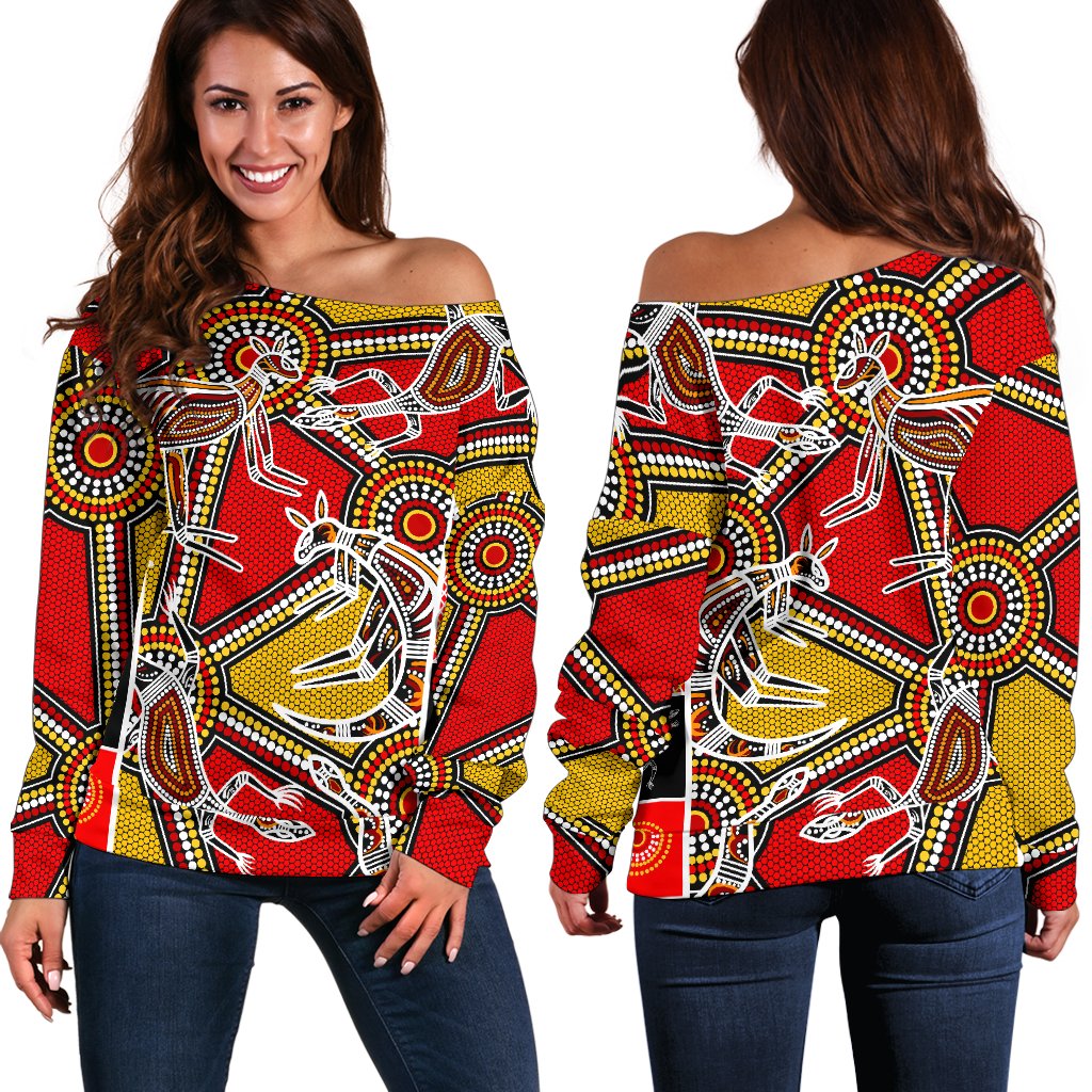 Aboriginal Women's Off Shoulder Sweater, Kangaroo Dot Painting Patterns - Vibe Hoodie