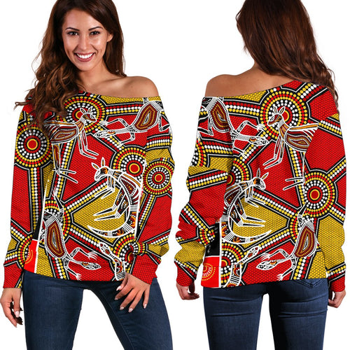 Aboriginal Women's Off Shoulder Sweater, Kangaroo Dot Painting Patterns - Vibe Hoodie