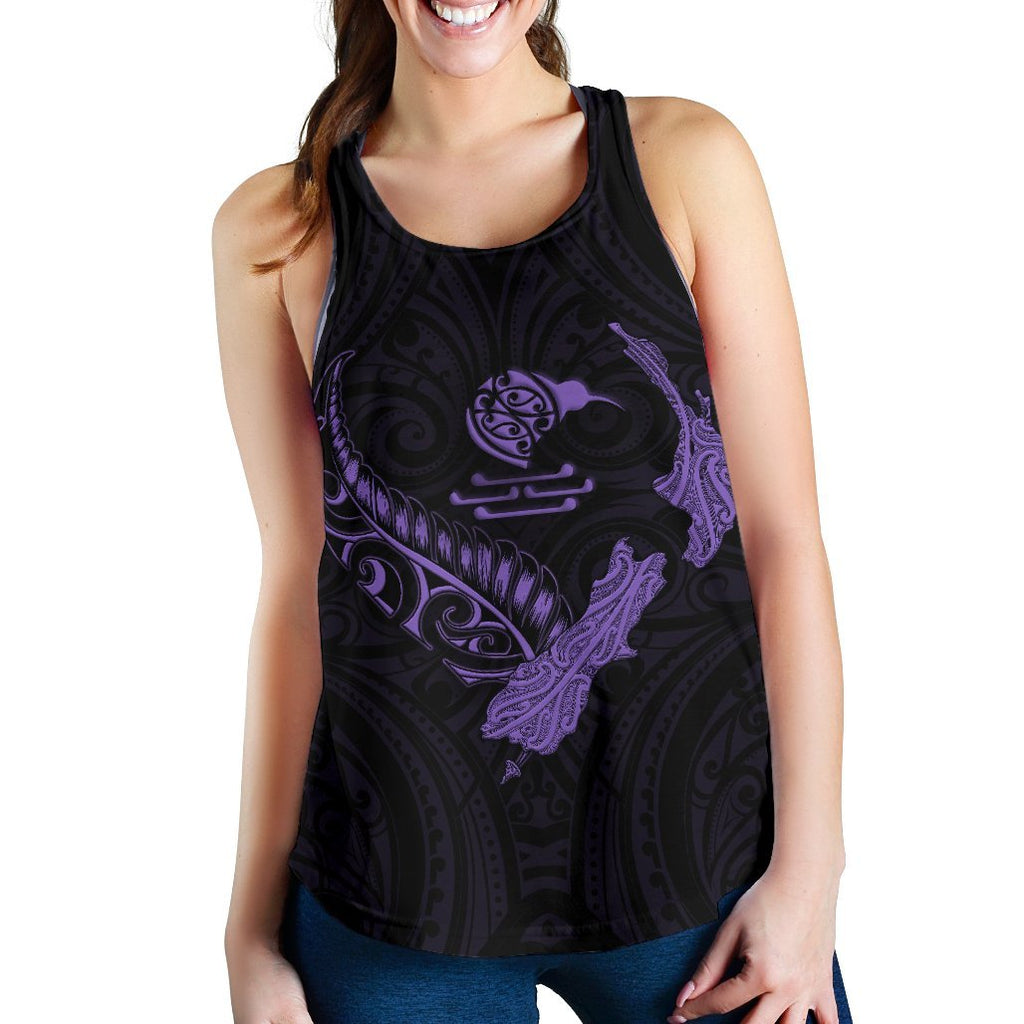 New Zealand Heart Women'S Racerback Tank - Map Kiwi Mix Silver Fern Pastel Purple - Vibe Hoodie